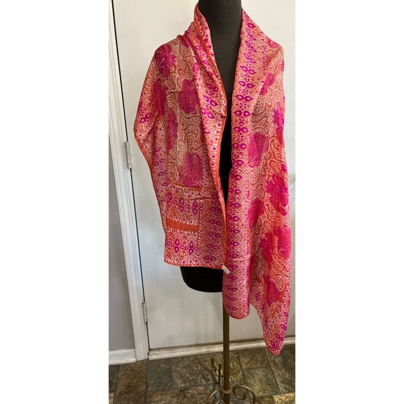 Vintage Scarf Orange And Pink Handwoven 100% Pure Silk Scarf Made in India - Picture 1 of 10